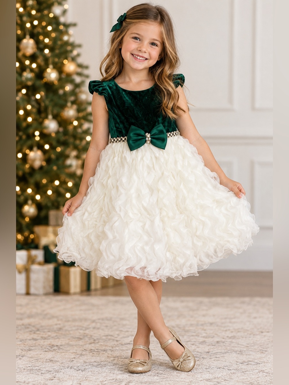 American Princess Girls Size 5 Emerald Green Velvet Ivory Ruffle Dress  - EUC
